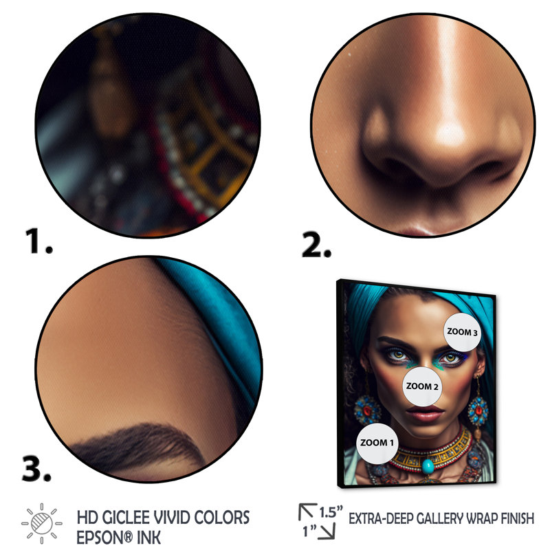 «Yesena Bohemian Woman with Blue Headband II», reproduction sur toile, H 32 po x l 24 po x P 1 po, Cadre flottant noir