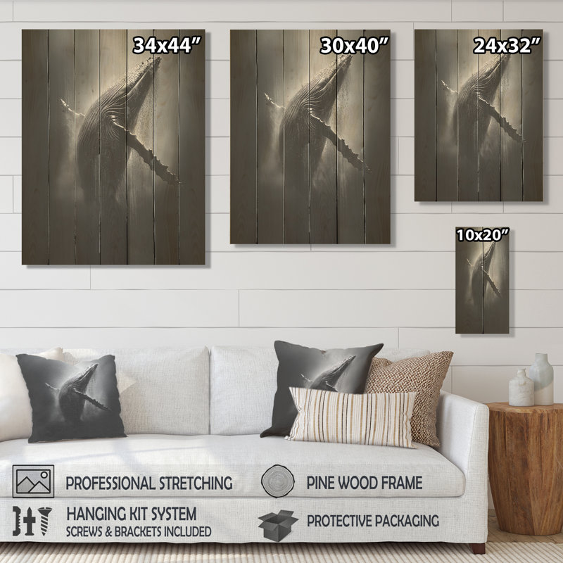 Danse de baleine noire et blanche I - baleine sur bois, H 44 po x l 34 po