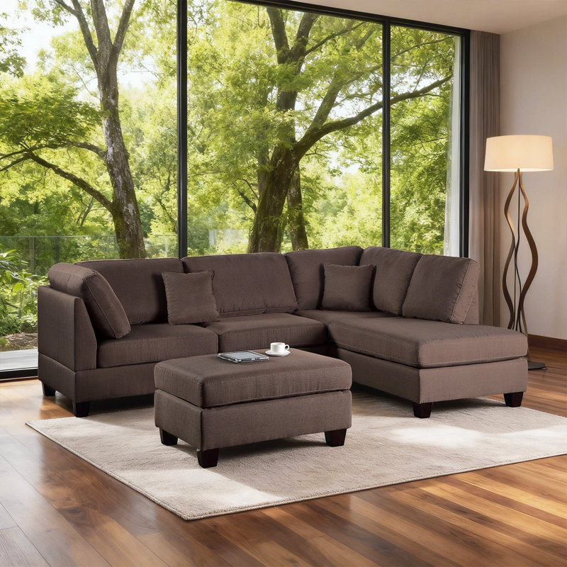 Canapé modulaire réversible en tissu 3 pièces avec repose-pieds, Chocolat