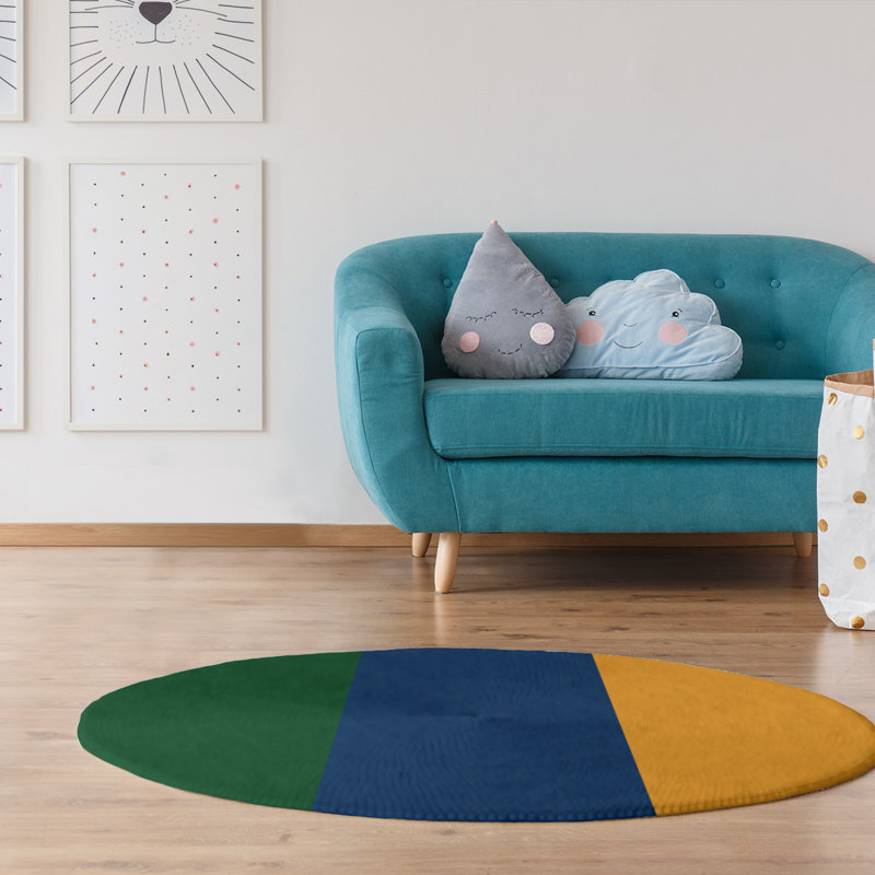 Tapis rayé vert / bleu marine / doré, Rond 5 pi