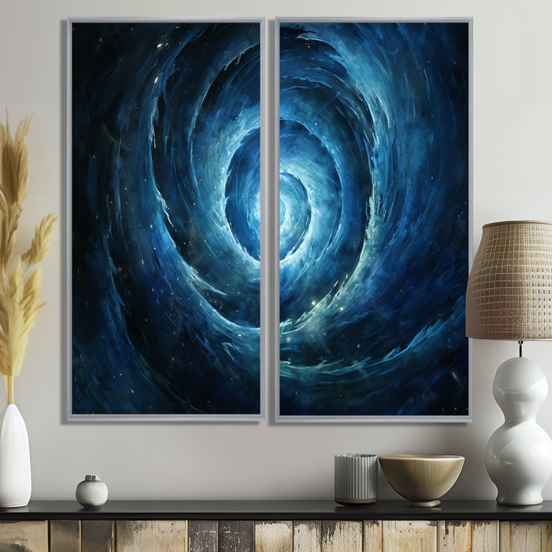 Blue Swirl Wave Spiral V - grandes décorations murales spirales abstraites 2 panneaux, H 32 po x l 32 po, Argent argent