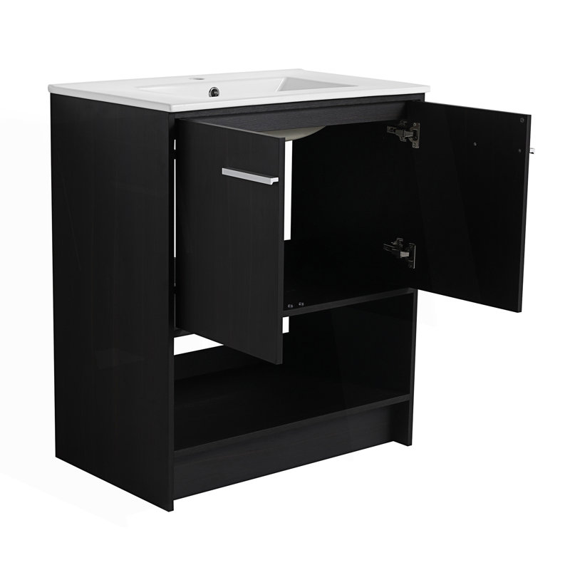 Meuble-lavabo autoportant avec lavabo en céramique et 2 portes à fermeture douce, 30", Chêne foncé
