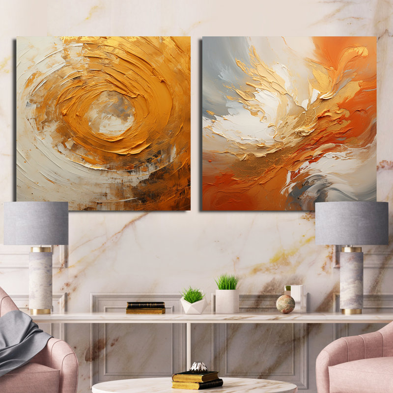 Zeste de citron doré - Spirale abstraite - ensemble de 2 collages carrés, H 16 po x l 33 po, Toile tendue