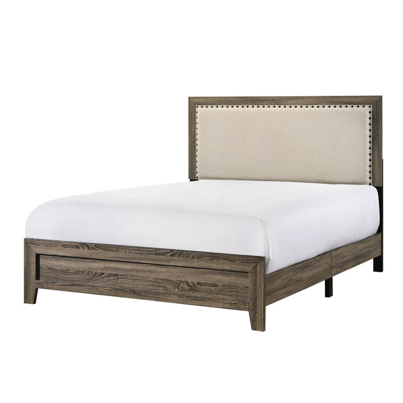 Très grand lit très tendance avec tête de lit tapissier en tissu gris et structure robuste en bois massif, Gris