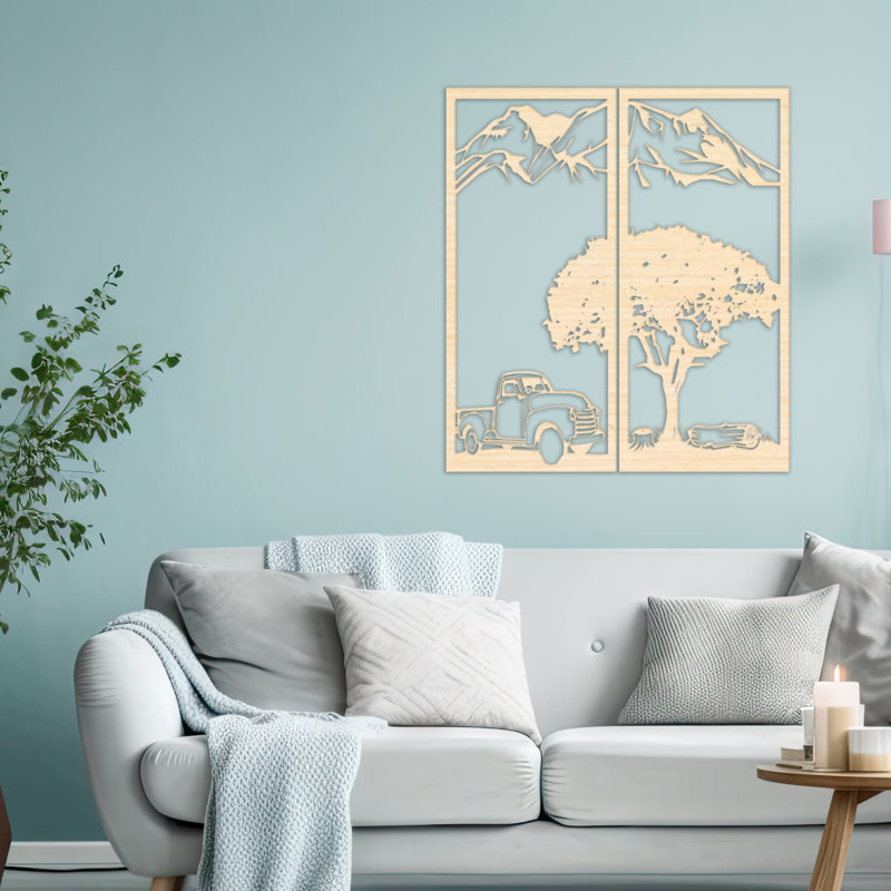 Deux art mural rectangulaire avec montagne, arbre et voiture - bouleau baltique naturel (46 po x 34,24 po)