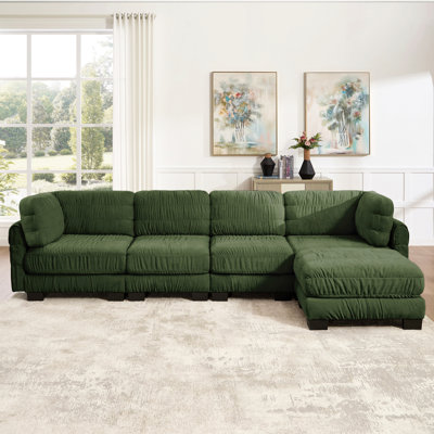 Canapé modulaire 4 pièces en chenille à détails froncés, repose-pieds mobile, mousse à haute densité, coussins de dossier en forme de L, assemblage facile, pour le salon, la chambre à coucher