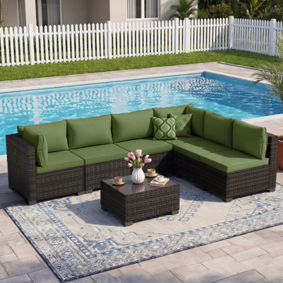 7-Piece Patio Conversation Sets, Outdoor Rattan Wicker Sectional Sofa with Tea Table & Cushions
