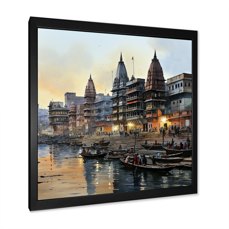 Art indien, Ganges at Dawn 2 - Art mural indien, Cadre simple noir, H 16 po x l 16 po x P 1 po
