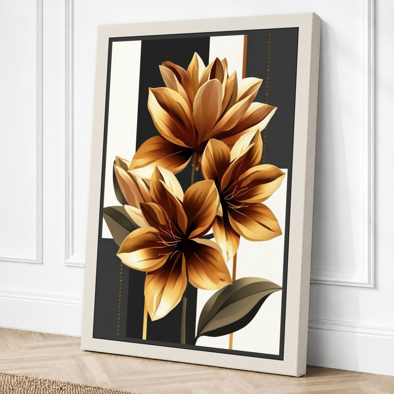Golden Lotus Blooms Botanical - Wrapped Canvas, 30x20 - 76.2 x 50.8 cm, Cream Border