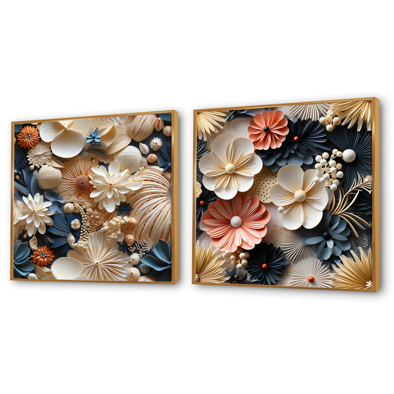 Rondeau - Ensemble de 2 collages carrés floraux, Cadre flottant doré, H 30 po x l 61 po