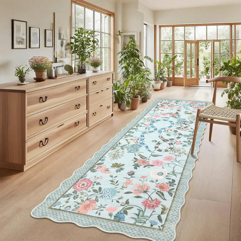 2x6 Kitchen Runner Rug – Soft Non-Shedding Low Pile Farmhouse Floral Carpet with Non-Slip Backing, Stain-Resistant Snake Print Bath Mat