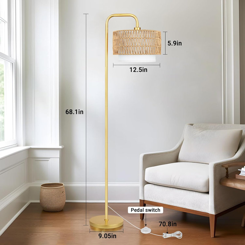 68‘’Floor Lamp For Living Room With 3 Color Temperatures, Farmhouse Standing Lamp With Remote & Dimmable Bulb, Boho Lamp Rattan & Fabric Shades, Black