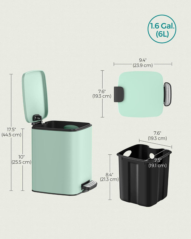 Kitchen Bin, 1.6-Gallon (6 L) Trash Bin, Stainless Steel Pedal Bin, with Inner Bucket, Soft Close and Stays Open, Mint Green