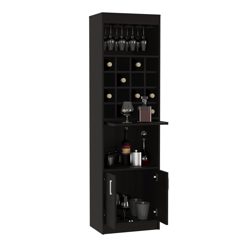 Armoire de bar haute de 71 po avec 16 casiers, tablette, plateau dissimulable et double porte Kava, Wengé noir