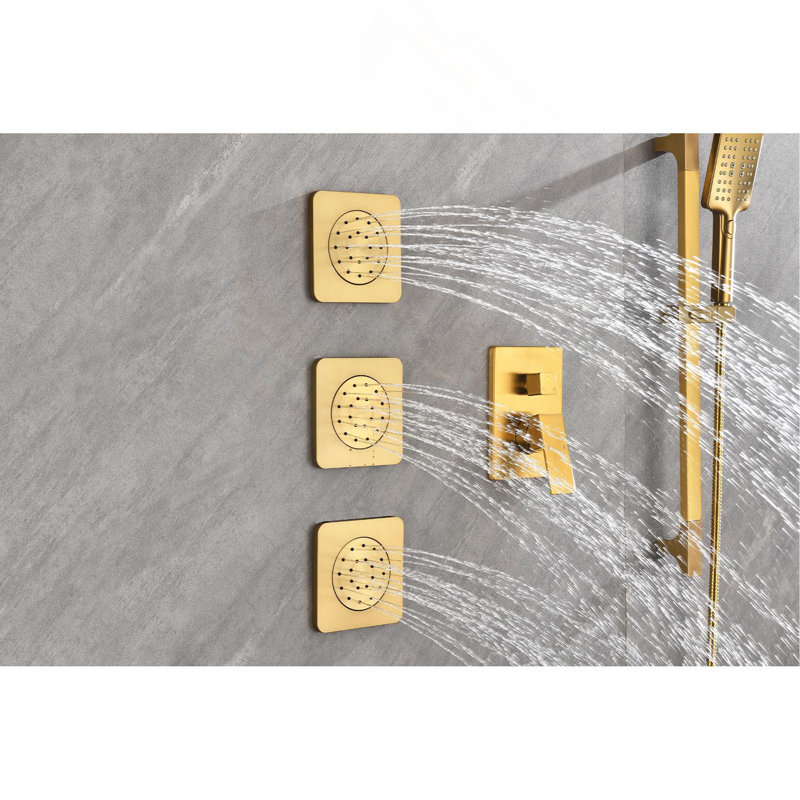 Shower System with Shower Head, Hand Shower, Slide Bar, Bodysprays, Shower Arm, Hose, Valve Trim, and Lever Handles