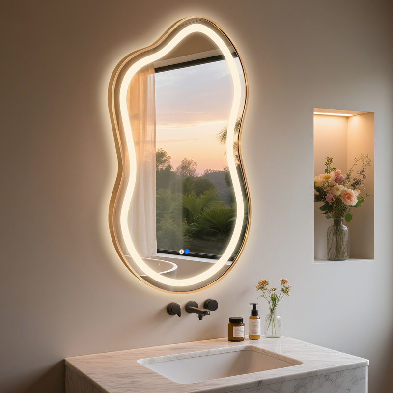 LED Bathroom Mirror with 3 Colors Temperature & Dimmable Light Anti-fog Tempered Glass Bathroom Vanity Mirror, Gold