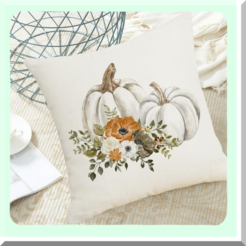 Autumn Harvest Watercolor Pillow Covers - Set of 2 White Pumpkin Floral Leaves Decorative Throw Pillowcases for Fall Farmhouse Decor - Outdoor Thanksgiving Cushion Covers