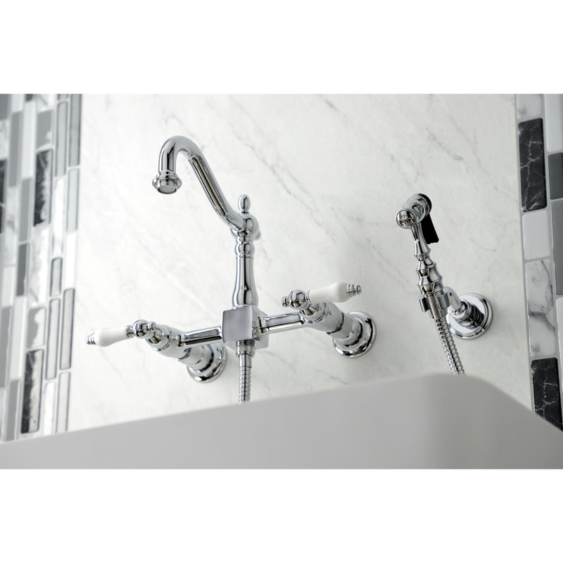 Kingston Brass Heritage Double-Handle 3-Hole Wall-Mount Bridge Kitchen Faucet with Brass Sprayer, Chrome