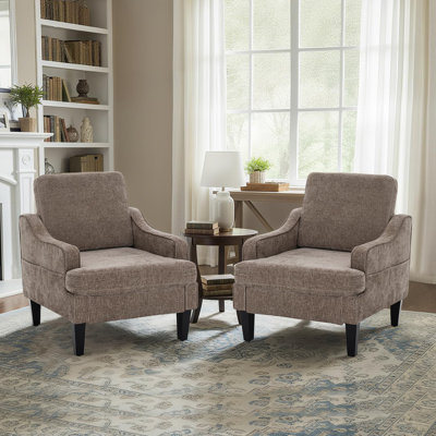 Modern Accent Chairs Set Of 2 Upholstered Reading Chair For Bedroom With Side Pockets Comfy Living Room Chairs Living Room Armchair For Office, Apartment (Brown Chenille)