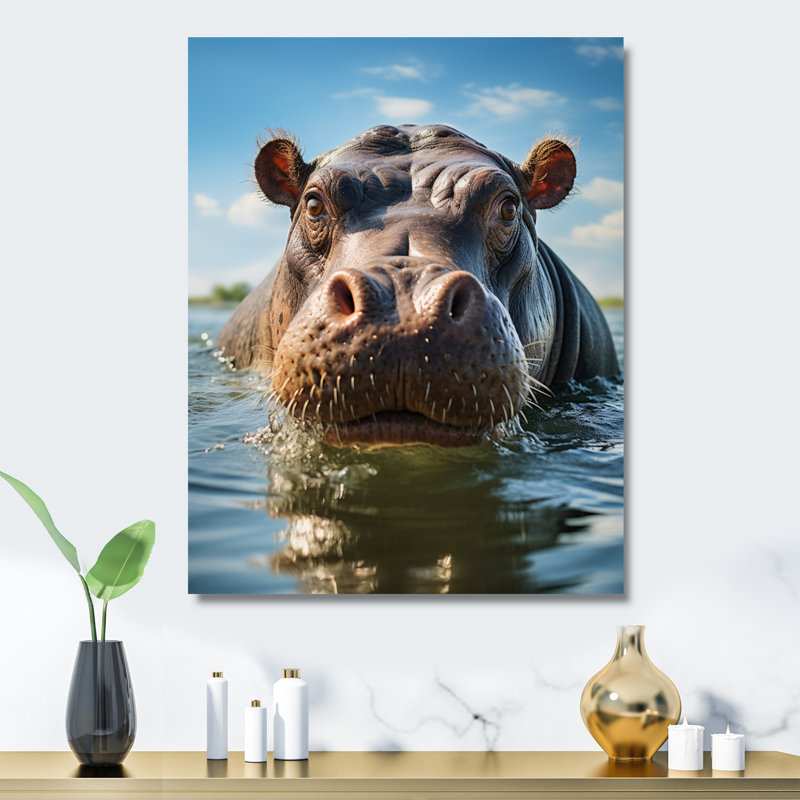 Animal hippopotame Selfy II - Hippopotame, reproduction d'art en métal, H 40 po x l 30 po x P 1 po