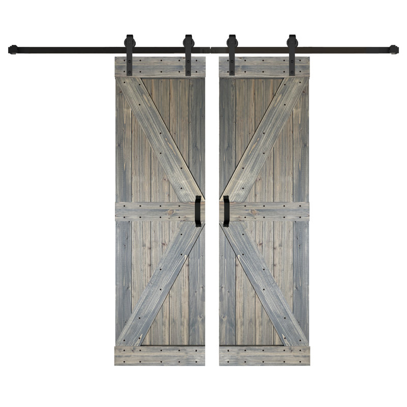 Porte de grange coulissante double en bois massif de style K avec ensemble de quincaillerie - Assemblage requis