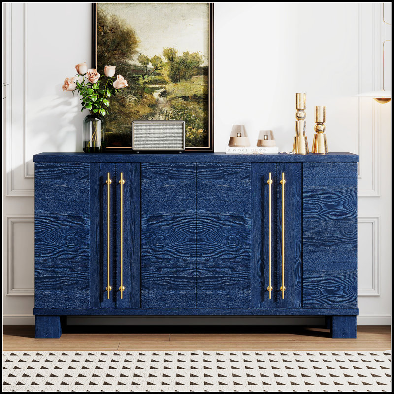 Buffet en bois avec tablettes réglables et poignées dorées, parfait pour le rangement organisé dans la cuisine et la salle à manger