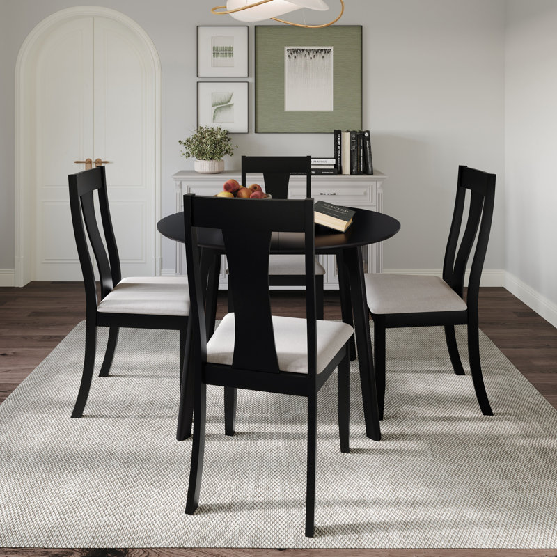 5-Piece Dining Set With Black Round Table And Black Upholstered Center Splat Back Chairs, Black