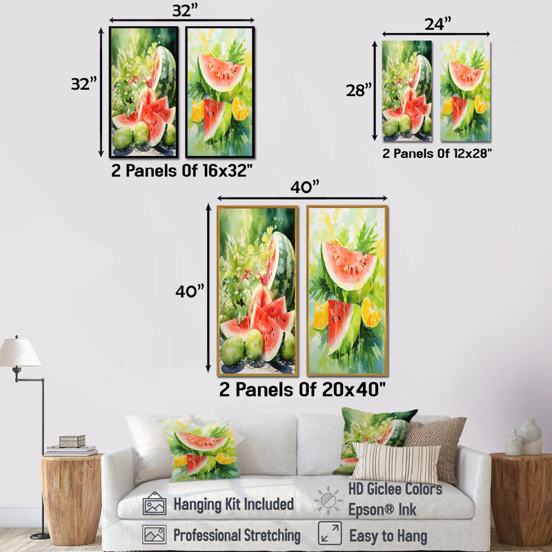 «Summertime Watermelon Fruit IV», ensemble de 2 impressions sur toile de fruits, H 32 po x l 33 po, Toile tendue