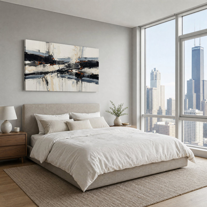 Tableau abstrait à coups de pinceau horizontaux en noir, blanc et rouille sur toile, L 46 po x H 24 po