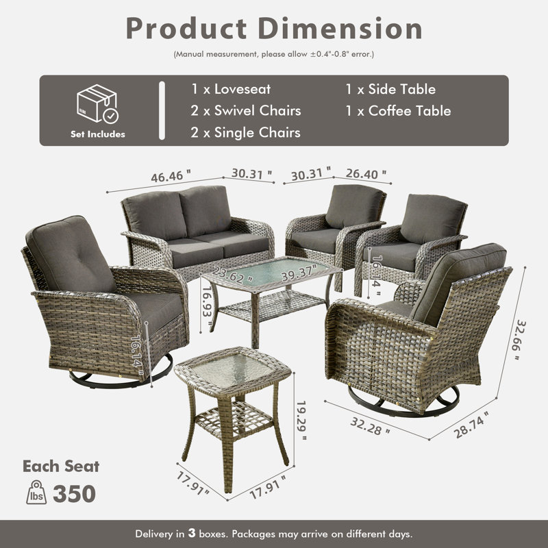 Allcot 6 - Person Wicker/Rattan Outdoor Loveseat Seating Group with Coffee Table and Cushions, All Weather Conversation Set for Garden Backyard