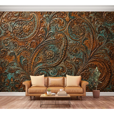 Wall Mural Peel and Stick Wallpaper Rustic Paisley Weathered Metal Teal Brown Self-Adhesive Removable Contact Paper Wall Decor for Living Room Bedroom 100"H x 144"W