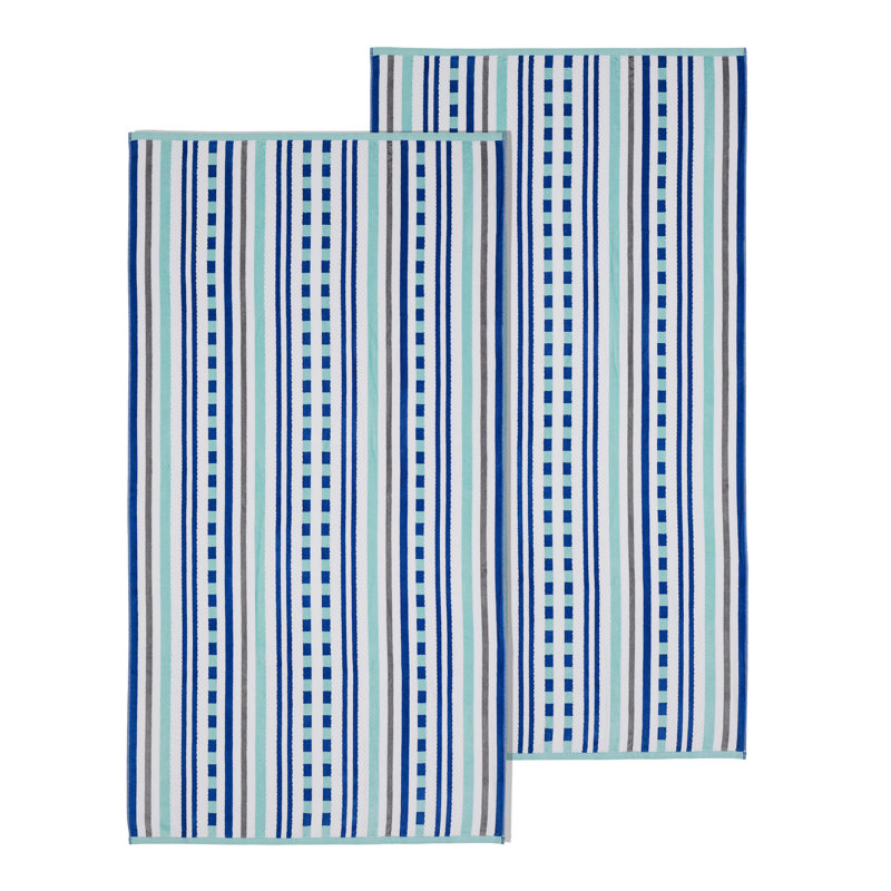 Serviette de plage texturée 100% coton à rayures Gilus, Ciel turquoise