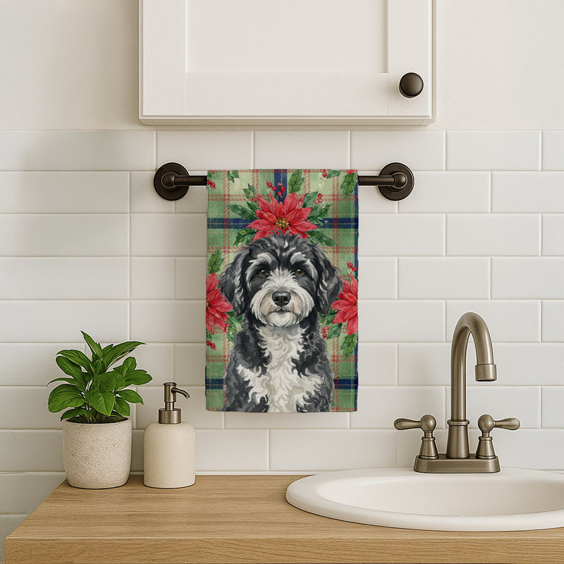 Portuguese Water Dog Christmas PoinsettIas Kitchen Towel, Black/White Portuguese Water Dog