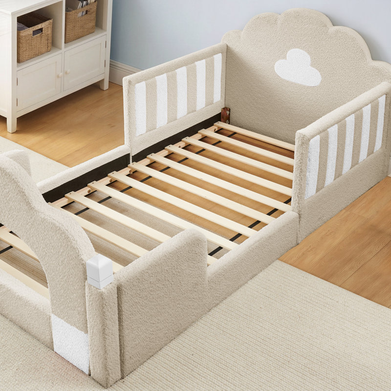 Lit simple avec barrière de sécurité, structure de lit en bois massif pour chambre à coucher, tissu Boucle, Chameau