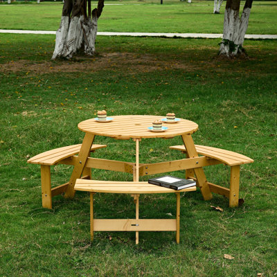 Table de pique-nique extérieure pour 6 personnes avec 3 bancs intégrés - Bois naturel, résistant aux intempéries, trou pour parasol, pour une utilisation dans le jardin, veinage du bois, espace généreux pour profiter pleinement de votre espace extérieur.