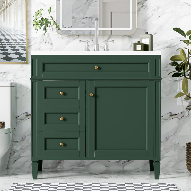 Meuble-lavabo simple avec lavabo supérieur, Vert / doré, 36"