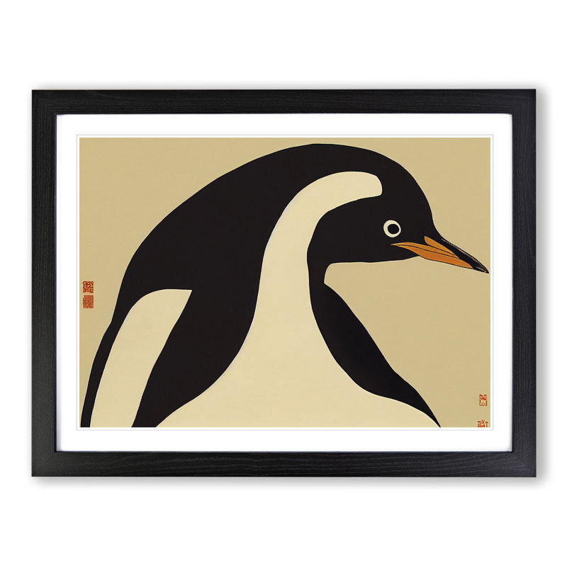 XH1022-6874X Penguin Japanese Abstract - Single Picture Frame Print, 46cm H x 64cm W x 2cm D, Black