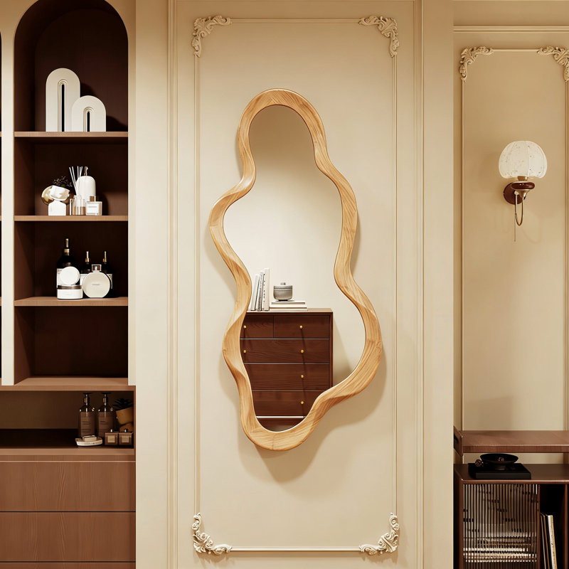 Irregular Wall Mirror, 22"x 48" Natural Wood Framed Wall Mirror, Asymmetrical Wall Wavy Mirror for Living Room Bedroom Entryway Bathroom 