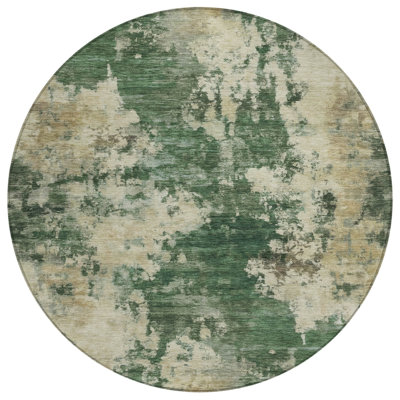 Tapis extérieur rond lavable abstrait vert et beige 8 pi