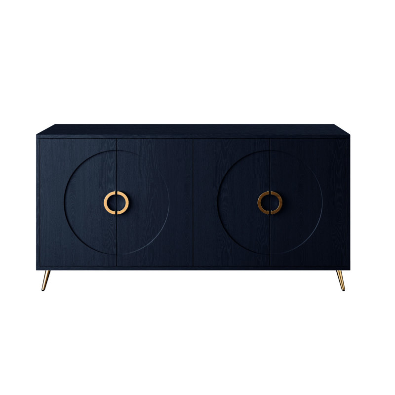 Navy Blue 4 Door Wooden Cabinet Sideboard Buffet Server With Adjustable Shelf For Office, Living Room, Entryway, Hallway, Kitchen And Dining Place Modern In Matte Dining, Room
