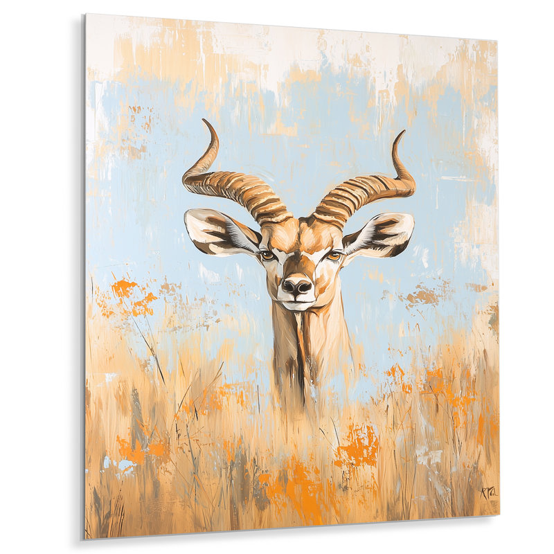 Antilope africaine, cornes en spirale IV - animaux, impression murale en métal, H 32 po x l 16 po