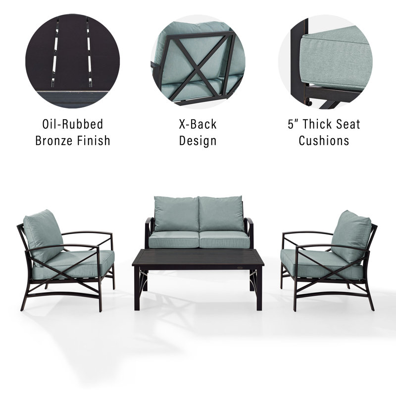 Mosier 4 - Person Patio Conversation Set with Cushions, Mist, Oil Rubbed Bronze