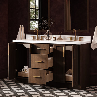 Meuble-lavabo ovale double de 155 cm avec comptoir en quartz blanc pur et revêtement en chêne brun de 3,8 cm d'épaisseur