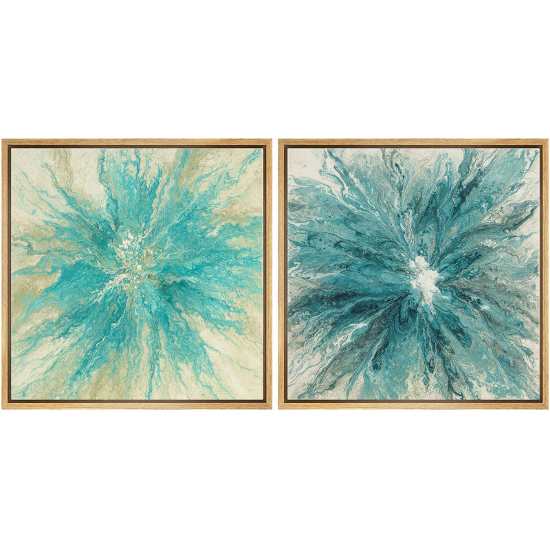 Aqua Blue Abstract Burst Contemporary Wall Decor Set Framed Master Bedroom Wall Art Work 2 Pieces Print, 24" H x 24" W