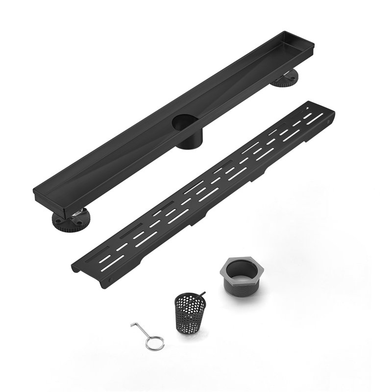 Caniveau de douche linéaire, 71 cm (28 po), acier inoxydable 304, noir mat, avec pattes de nivellement, Matte Black