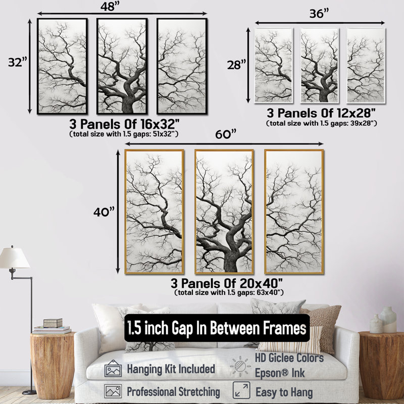 Minimalisme noir et blanc, arbres chêne I - ensemble de reproductions d'art mural chêne, Cadre flottant blanc