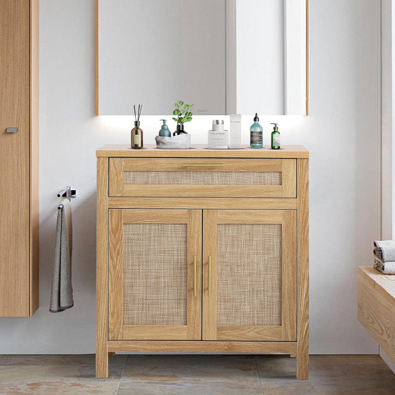 Light Brown Wood and Rattan Cabinet with Adjustable Shelf