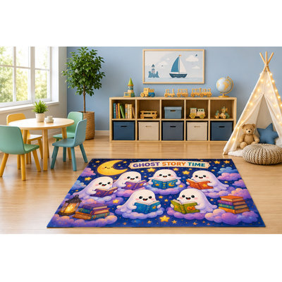 Tapis ultra-léger 152 x 213 cm « Histoires de fantômes » pour enfants, motifs fantômes, lune et étoiles, idéal pour la lecture dans une chambre d'enfant ou une salle de jeux. Dos en silicone antidérapant.
