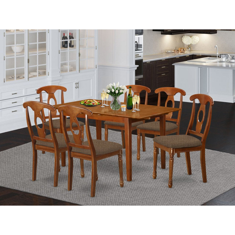 7 Piece Dinette Set Consist of a Rectangle Dining Room Table with Butterfly Leaf and 6 Linen Fabric Dining Chairs, Saddle Brown