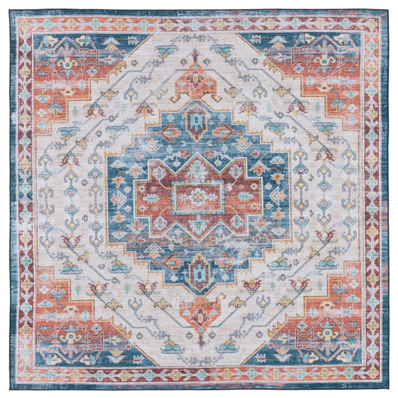 Tucson Vintage Look Machine Washable Non-Slip Area Rug in Rust & Blue, Square 183 cm